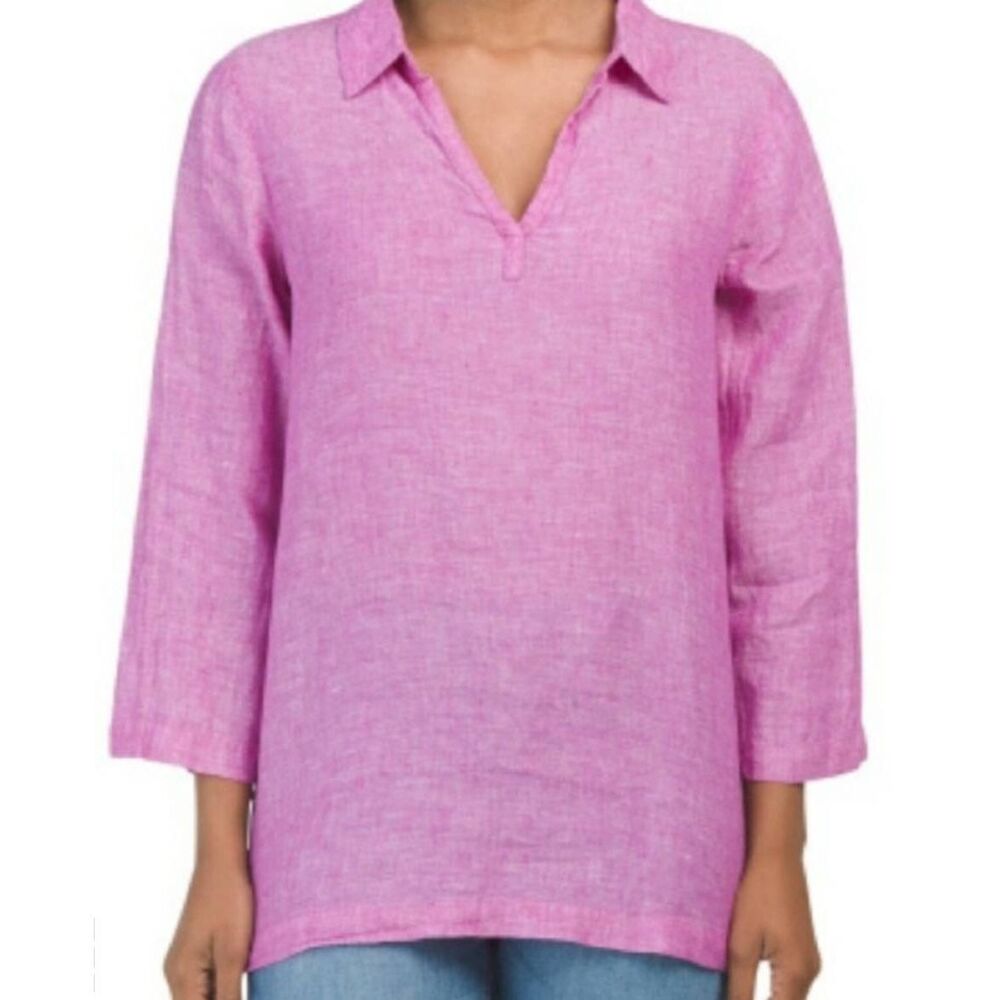 Tahari 100% Linen Pink Tunic Spring Summer 3/4 Sleeve V Neck Sz M